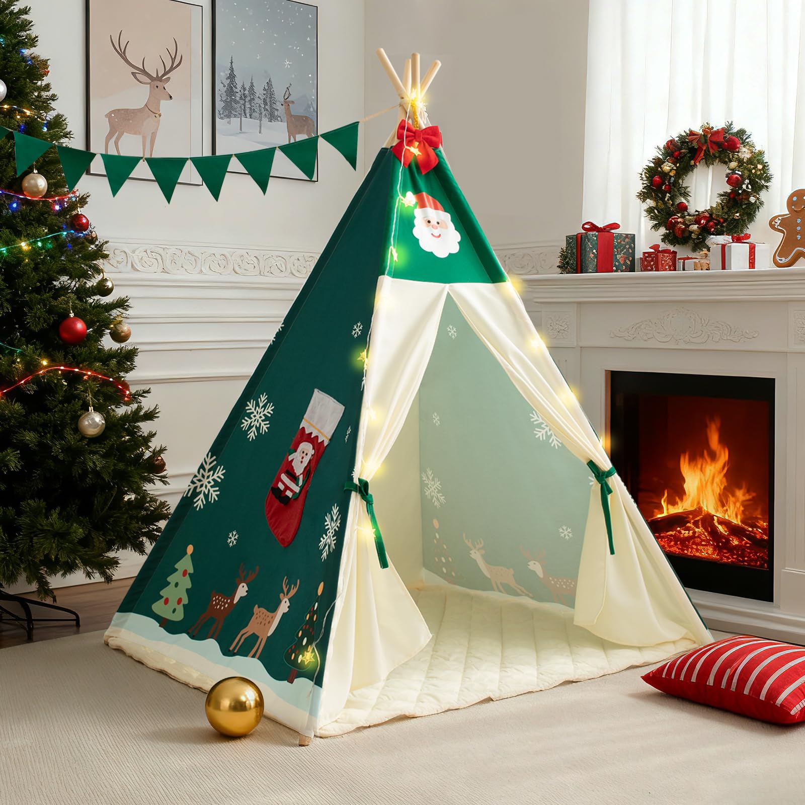 Photo 1 of ***Missing pole piece, mat is stained, stocking ripped off tent*** Teepee Tent for Kids, Play Tent with Padded Mat & Star Lights, Indoor Play Tent for Girls & Boys (Christmas Teepee, 47 * 47 * 60in)***Missing pole piece, mat is stained, stocking ripped of
