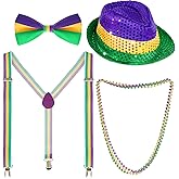 6Pcs Mardi Gras Accessories Set for Men Women - Sequin Cowboy Hat, Bow Tie, Suspender, 3Pcs Beads Necklaces