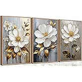3Pcs White Flower Gold Leaf Canvas Wall Art Modern Plants Flowers Painting Decor Pictures Neutral Floral Bloom Posters Prints for Office Living Room Bathroom Bedroom Decoration No Frames