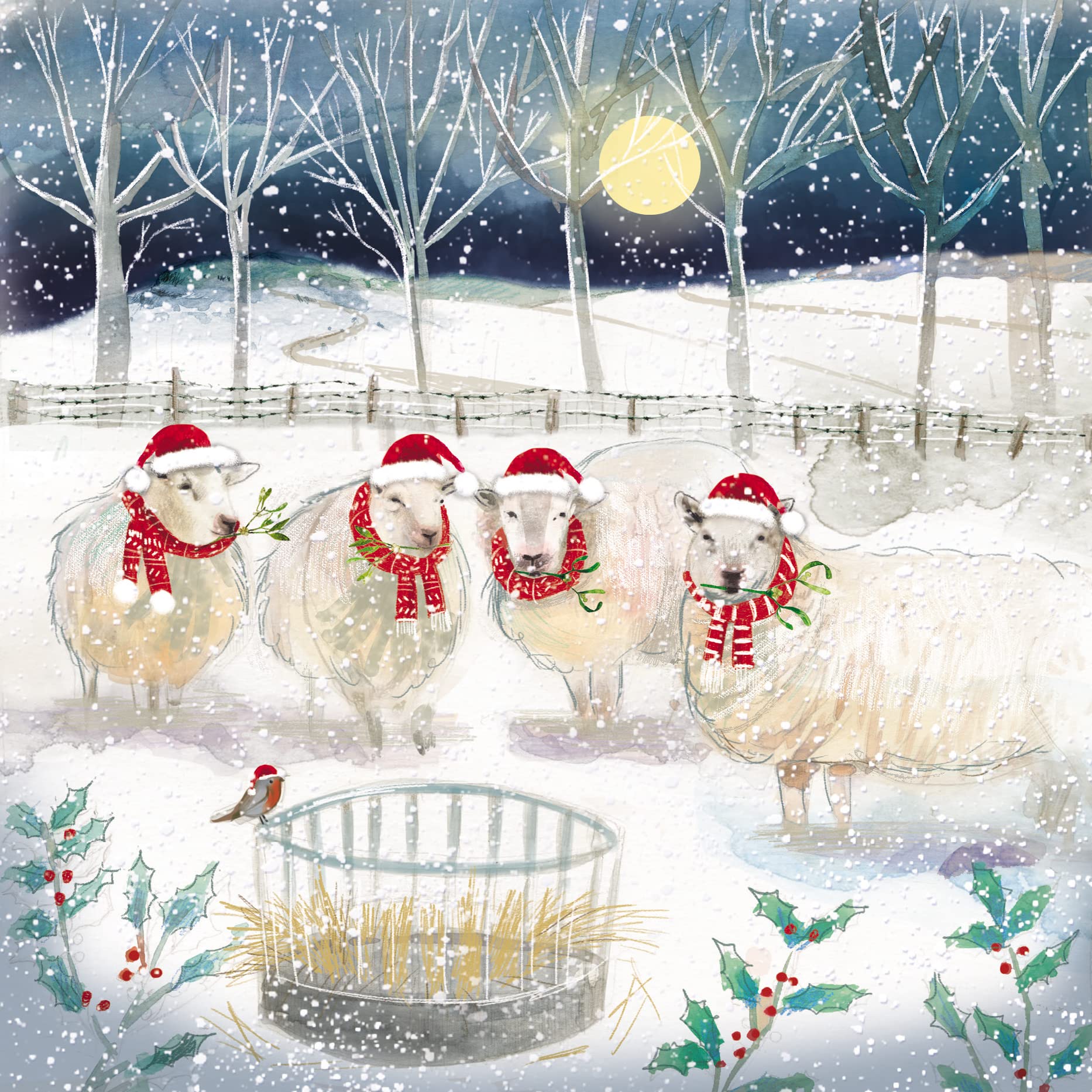 The Almanac Gallery Pack of 8 Charity Christmas Cards - "At the Hay Stack" - Attractive Design with Sheep in the Snow - 8 Cards of the Same Lovely Design