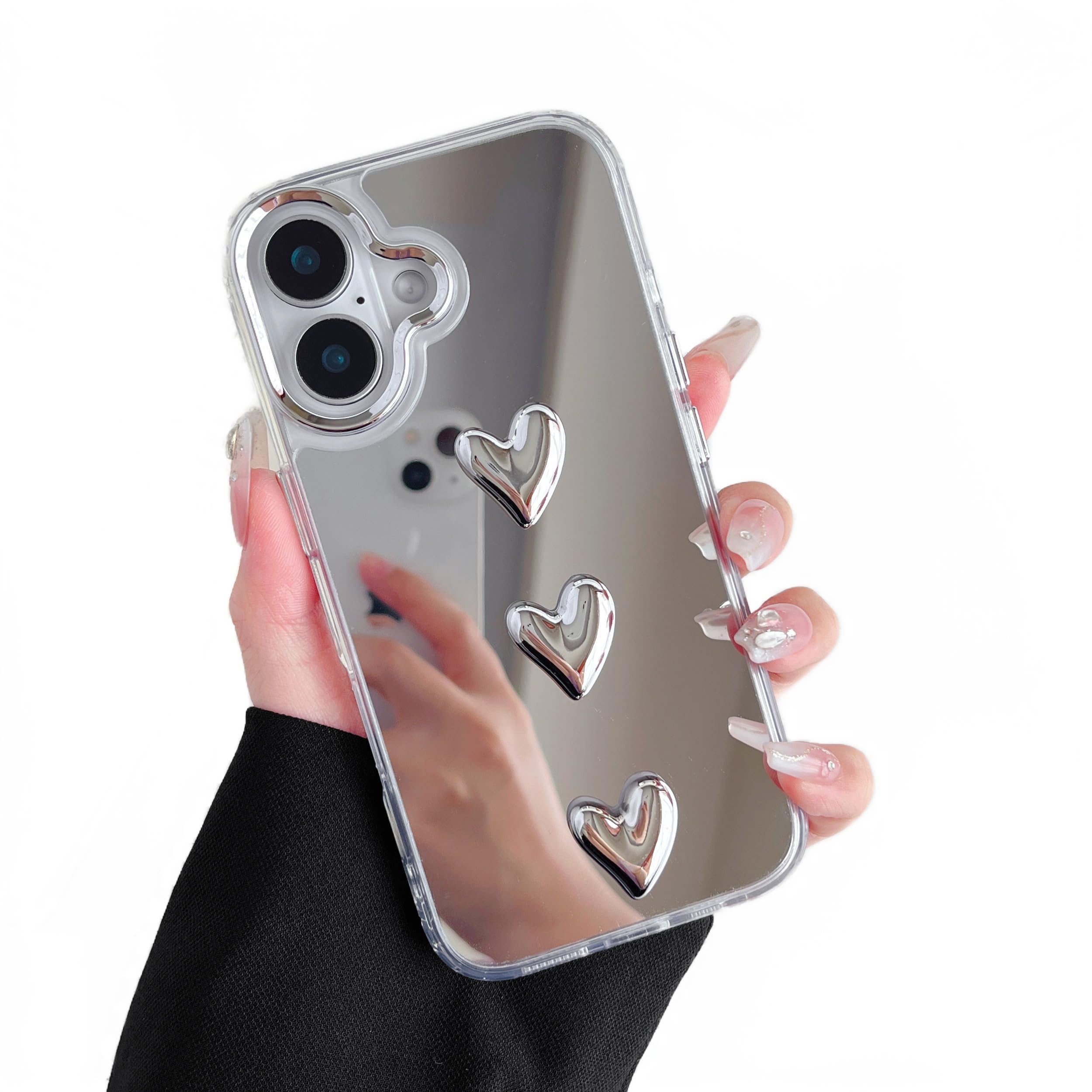 ZTOFERA Mirror Case for iPhone 17, Mirror with Cute 3D Love Heart for Girls Women Makeup, Hard Back + Clear Soft TPU Bumper Slim Fit Anti-Drop Protective Case for iPhone 17-3 Hearts