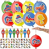 72 PCS Building Block Party Favors – 48 Pre-Cut Temporary Tattoos & 24 Punch Balloons Themed Birthday Party Decorations Supplies Favors Gifts Goodie Bag Fillers Classroom Rewards for Boys Girls