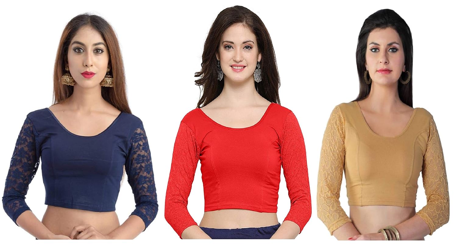 fressia fabrics women's stretchable readymade saree blouse pack of 3-107neavy_107red_107black