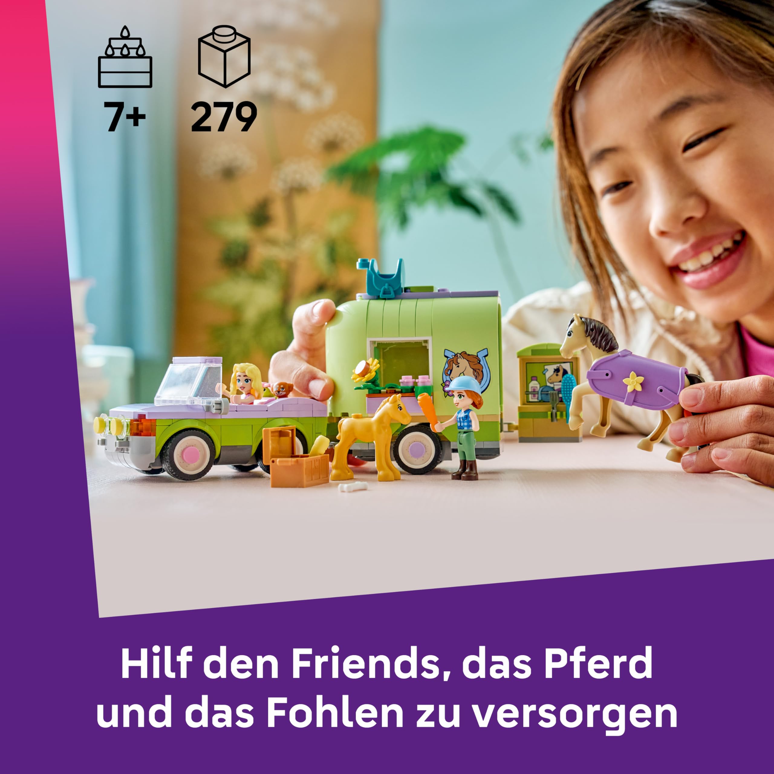 LEGO Friends Pferd und Fohlen mit Pferdeanhänger - Pferde Spielset mit Pflegezubehör, 4 Tierfiguren, Auto & 2 Mini Puppen - Geschenkidee zum Geburtstag für Mädchen ab 7 Jahren - 42695 2