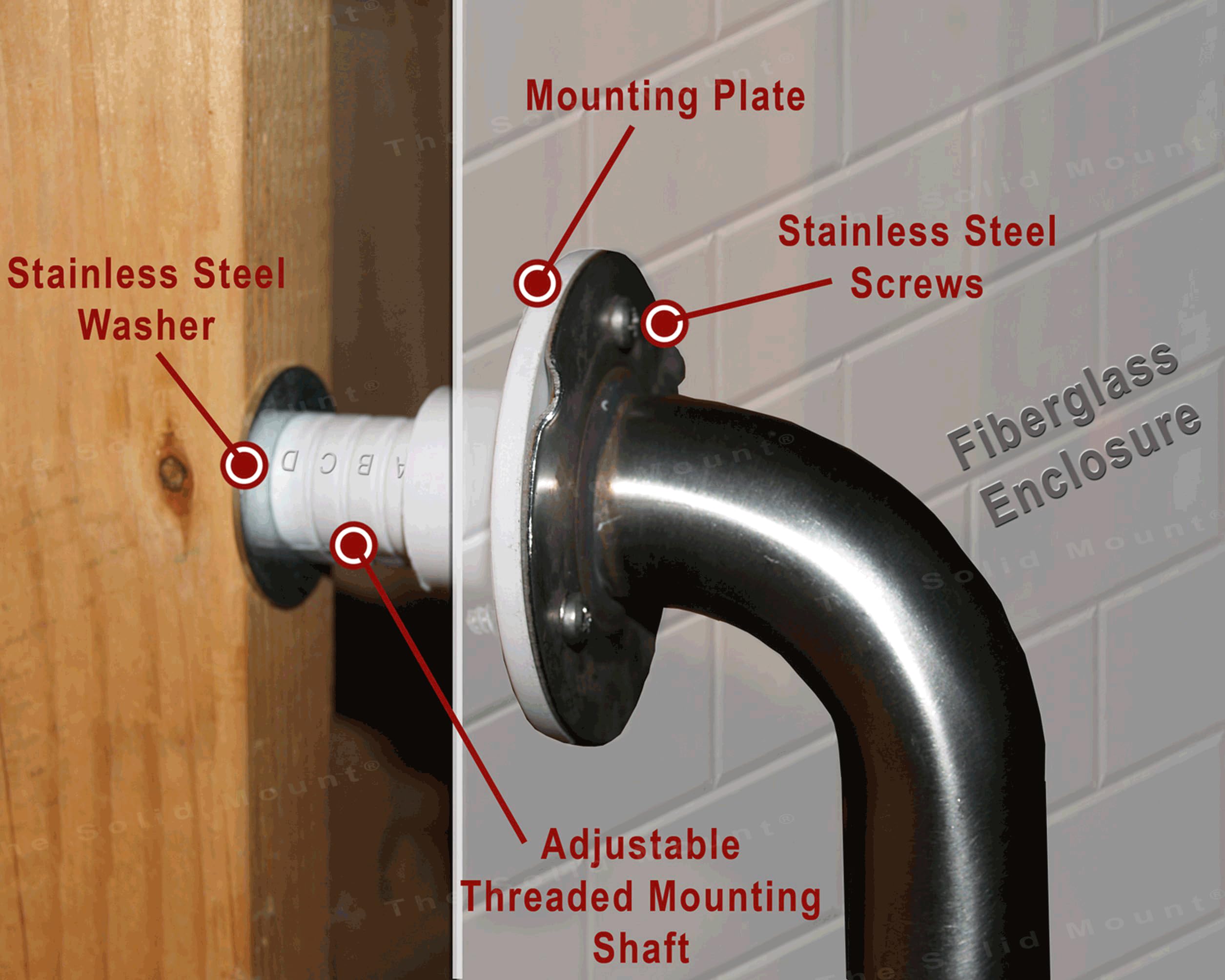 Grab Bar Mounting Kit for Fiberglass Showers. The Solid Mount uses Adj. Spacers for use in most fiberglass showers with wood studs (Only). Solid, Secure, and won’t flex in your shower. Made in the USA