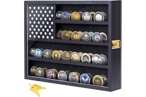 WODGOD Military Challenge Coin Display Case, 16”x12” Wooden American Flag Medal Shadow Box with Anti-Fade UHD Acrylic Door, Gold-Antitheft Lock, 2 Groove Shelves and Wall Mount (Black184)