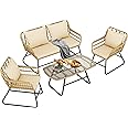 DWVO 4-Piece Outdoor Wicker Bistro Set, All-Weather Patio Furniture Rattan Conversation Loveseat Chairs for Backyard, Balcony and Deck with Soft Cushions and Side Table, Light Brown+Beige