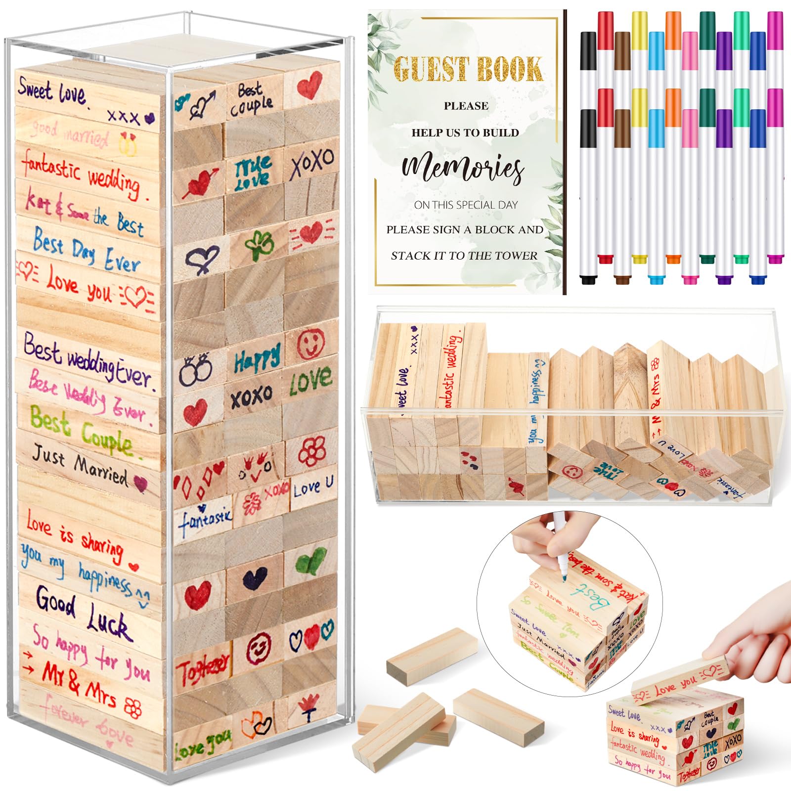 Photo 1 of Beeveer 80 Pcs Wedding Guest Book Alternative Wooden Block Guest Book for Wedding Sign in Bridal Shower Decoration Wooden Block Bridal Shower Game for Sign in, Reception(Greenery)
