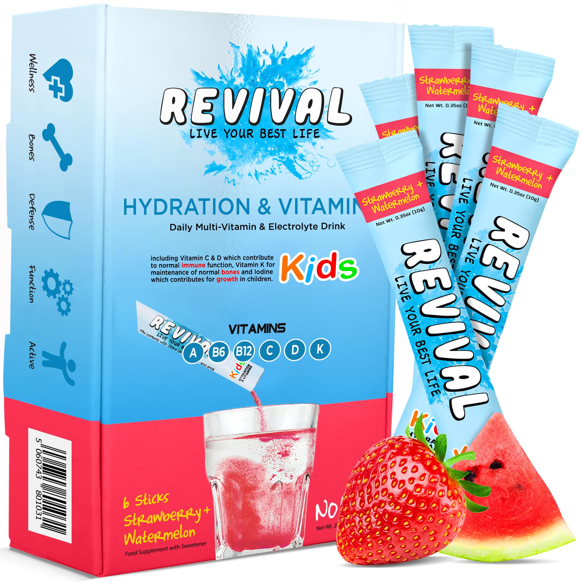 Revival Kids Hydration Vitamin Drink - Electrolyte Squash with Vitamins D, A, C, K, B6, B12 - Immunity, Growth, Development | Strawberry & Watermelon | 30 Pack