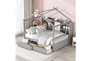 BOVZA Full Size House Bed for Kids, Wood Montessori Bed Frame with Storage Shelves and 2 Drawers, for Kids Girls Boys, Brushed Gray