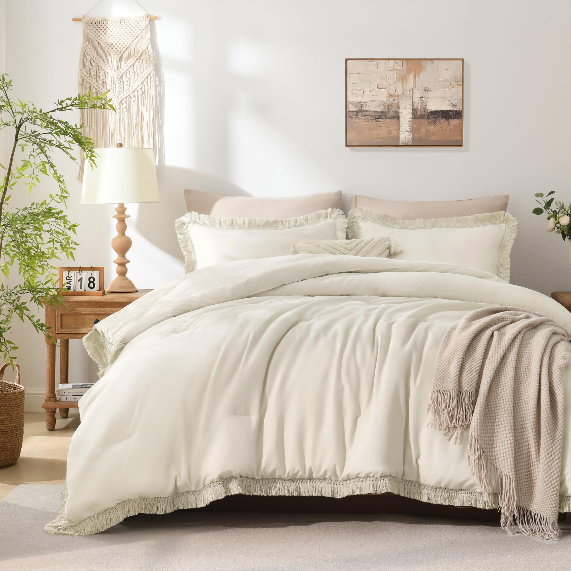 Photo 1 of Andency King Size Comforter Set Beige, 3 Pieces Boho Lightweight Tassel Fluffy Bedding Comforters & Sets, Soft All Season Bed Set (104x90In Comforter & 2 Pillowcases)