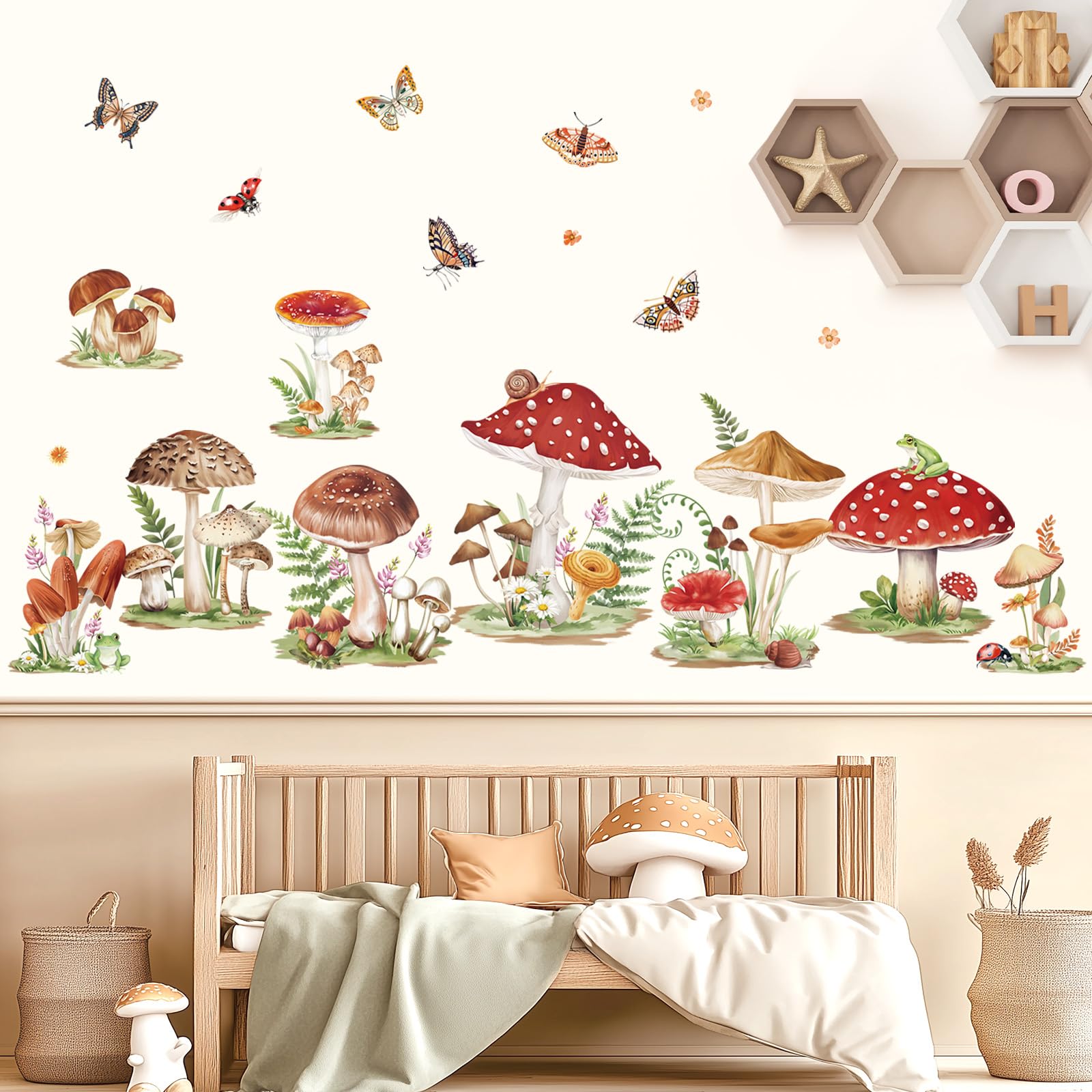 decalmile Mushroom Wall Decals Woodland Butterflies Insects Wall Stickers Daycare Girls Bedroom Baby Nursery Wall Decor