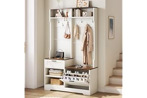 Vividwood Hall Tree with Bench and Shoe Storage 6-in-1 Versatile, 43.3" x 15.75" x 70.87", MDF Wood, Embossed White Walnut Wood Grain Finish, for Entryway, Bedroom, or Garage