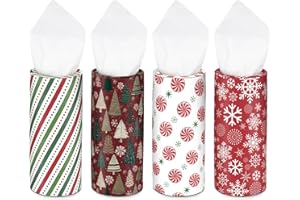 Jrusmr 4-Pack Christmas Car Tissue Holders with Facial Tissues, Round Cup Holder Boxes with Snowflake, Candy, Tree & Twill Dot Patterns, Holiday Travel Essentials for Car and Home Décor