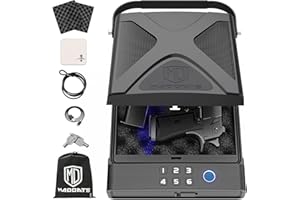 MD MADOATS Car Gun Safe, Portable Biometric Safes for Pistols with Cable, Fingerprint & Keypad & Key Access Handgun Lock Box for Vehicle Travel Home