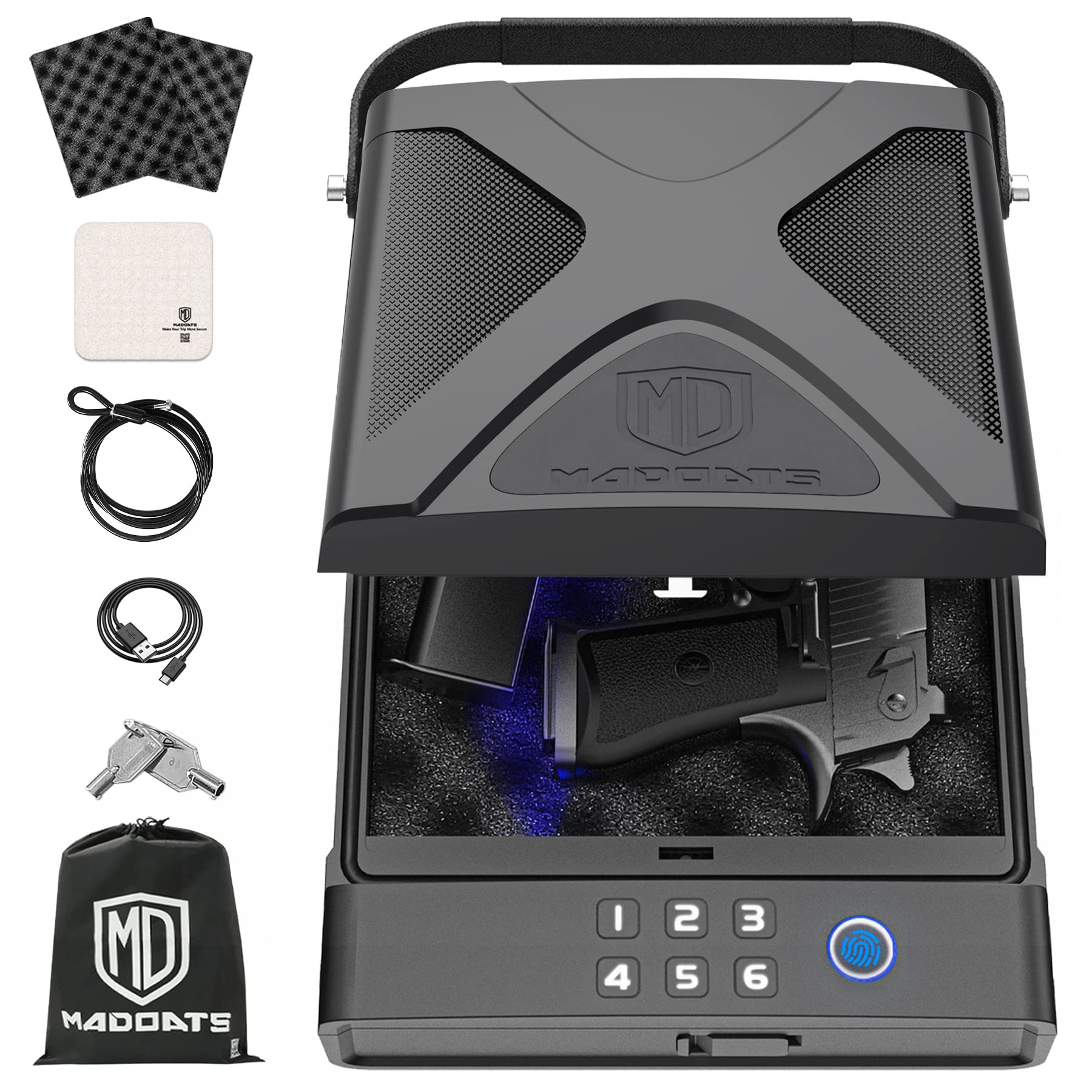 Photo 1 of MD MADOATS Car Gun Safe, Portable Biometric Safes for Pistols with Cable, Fingerprint & Keypad & Key Access Handgun Lock Box for Vehicle Travel Home (Leather Logo)