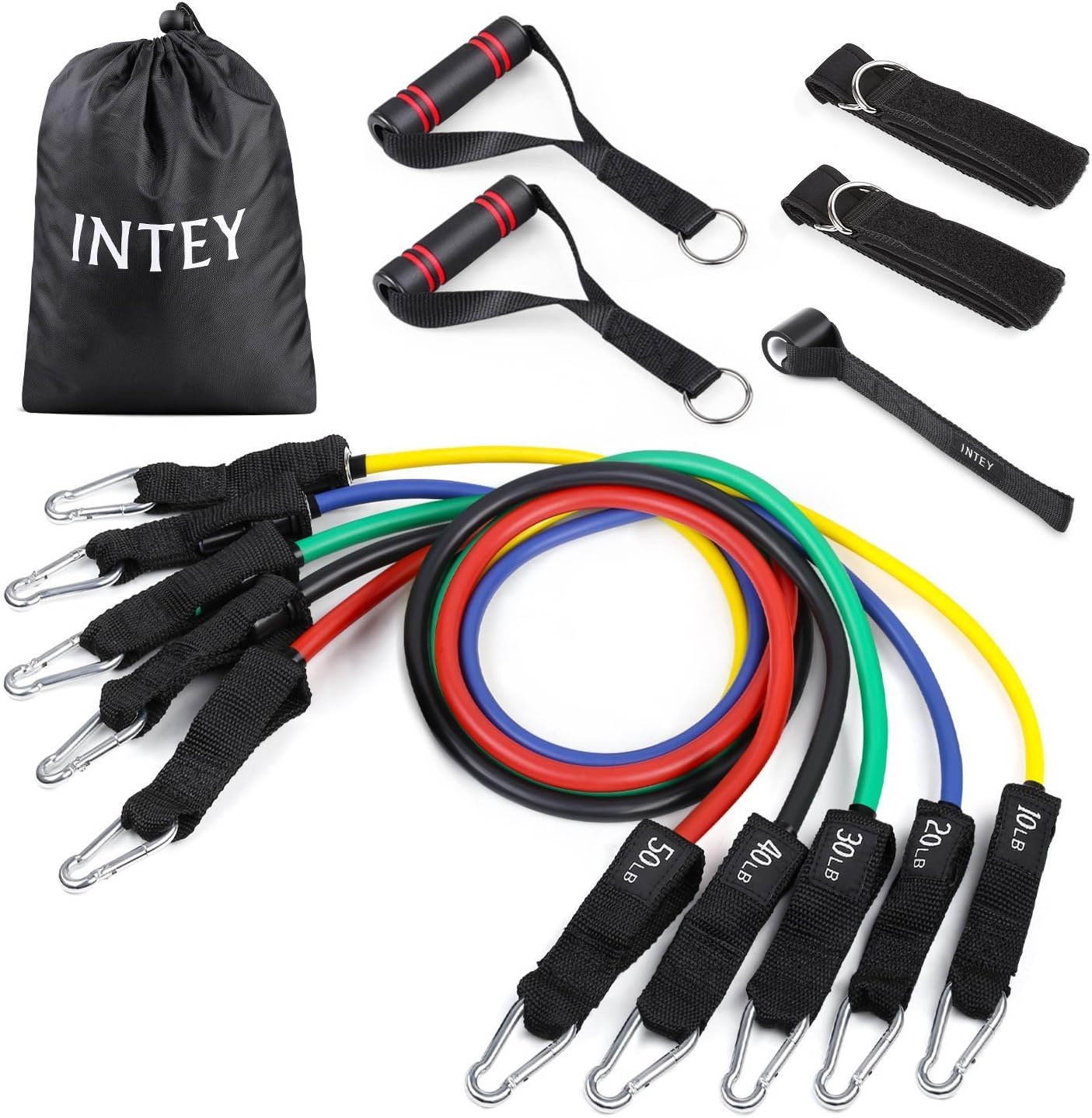 INTEY Exercise Resistance Bands Set of 6 with Handles & Door Anchor Legs Ankle Straps for Resistance Stretch Training Workout