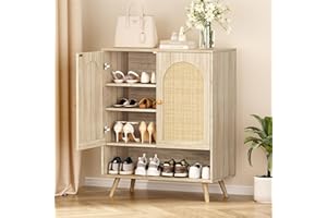 IDEALHOUSE Shoe Cabinet for Entryway, 4 Tier Rattan Shoe Storage Cabinet with Doors and Adjustable Shelves, Farmhouse Boho Sh