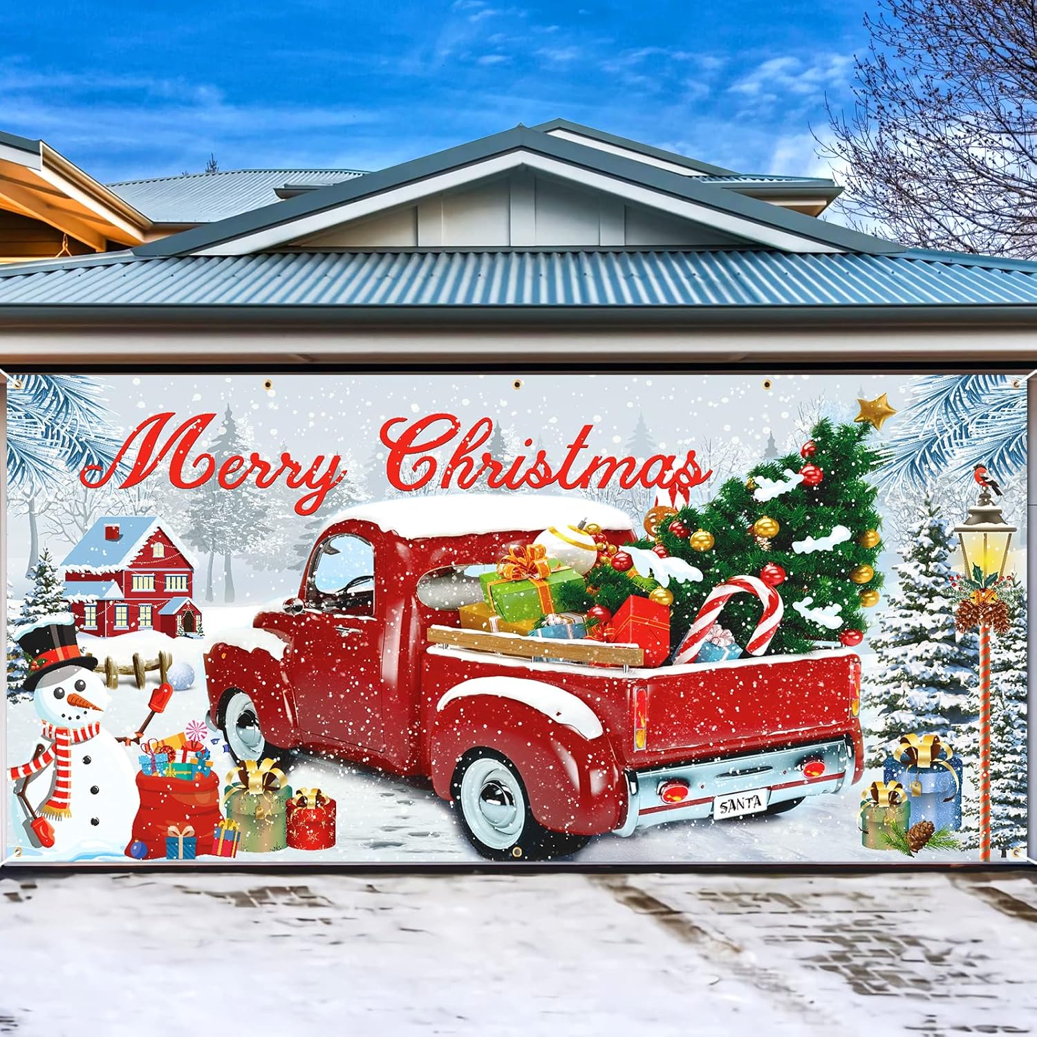 Garage Door Decorations - RUMIA Christmas Garage Door Banner Decoration Large Red Truck Garage Door Cover Merry Christmas Backdrop for Christmas New Year Winter Outdoor Indoor Background Sign 6 x 13 ft