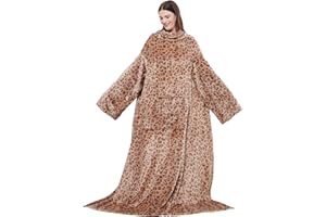 SOFTAN Wearable Fleece Blanket with Sleeves & Foot Pocket for Adult Women Men,Lightweight Soft Plush TV Blanket Wrap Throw with Sleeves and Adjustable Hook & Loop 79" x 67"- New Leopard