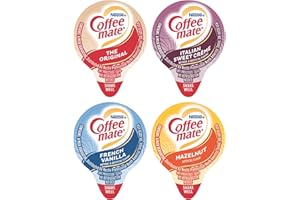 BY THE CUP Coffee mate Liquid .375oz Variety Pack (4 Flavor) 100 Count includes Original, French Vanilla, Hazelnut, Italian Sweet Crème & Sugar Packets