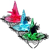 Newcotte 3 Pieces Halloween Witch Feather Hat Headband Witch Hat Fairy Headband for Women Pink Green Blue Hair Accessories for Fairy Princess Movie Supplies