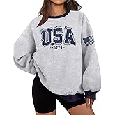 ASTANFY USA Letter Sweatshirt Womens Casual Long Sleeve Graphic Shirts American Team Flag CrewNeck Pullover Tops