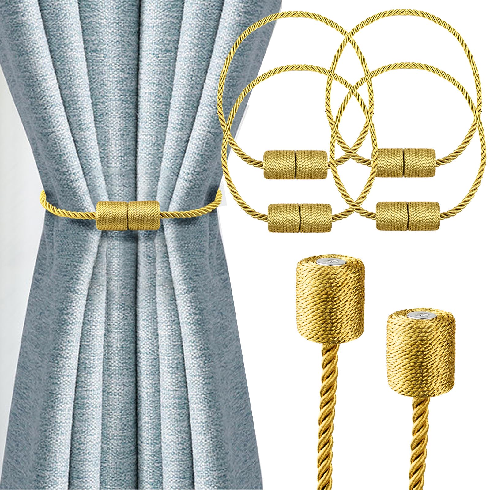 Strong Magnetic Curtain Tiebacks,Curtain Ties for Home Bedroom Office Decorative Curtain (4, Gold)