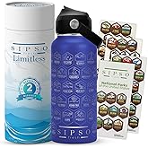 SIPSO fresh Hiking Gift Water Bottle – 32 oz Vacuum Insulated Stainless Steel National Park Water Bottle | 63 Waterproof Stickers & Premium Gift Box | Camping & Outdoor Adventure Gifts (Light Blue)