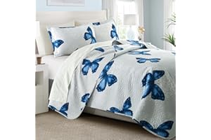 ARTALL 2-Piece Butterfly Printed Quilt Set Soft Microfiber Lightweight Bedspread Coverlet Throw Blanket with 1 Pillow Sham All Season for Adults Teens Girls, Blue, Twin