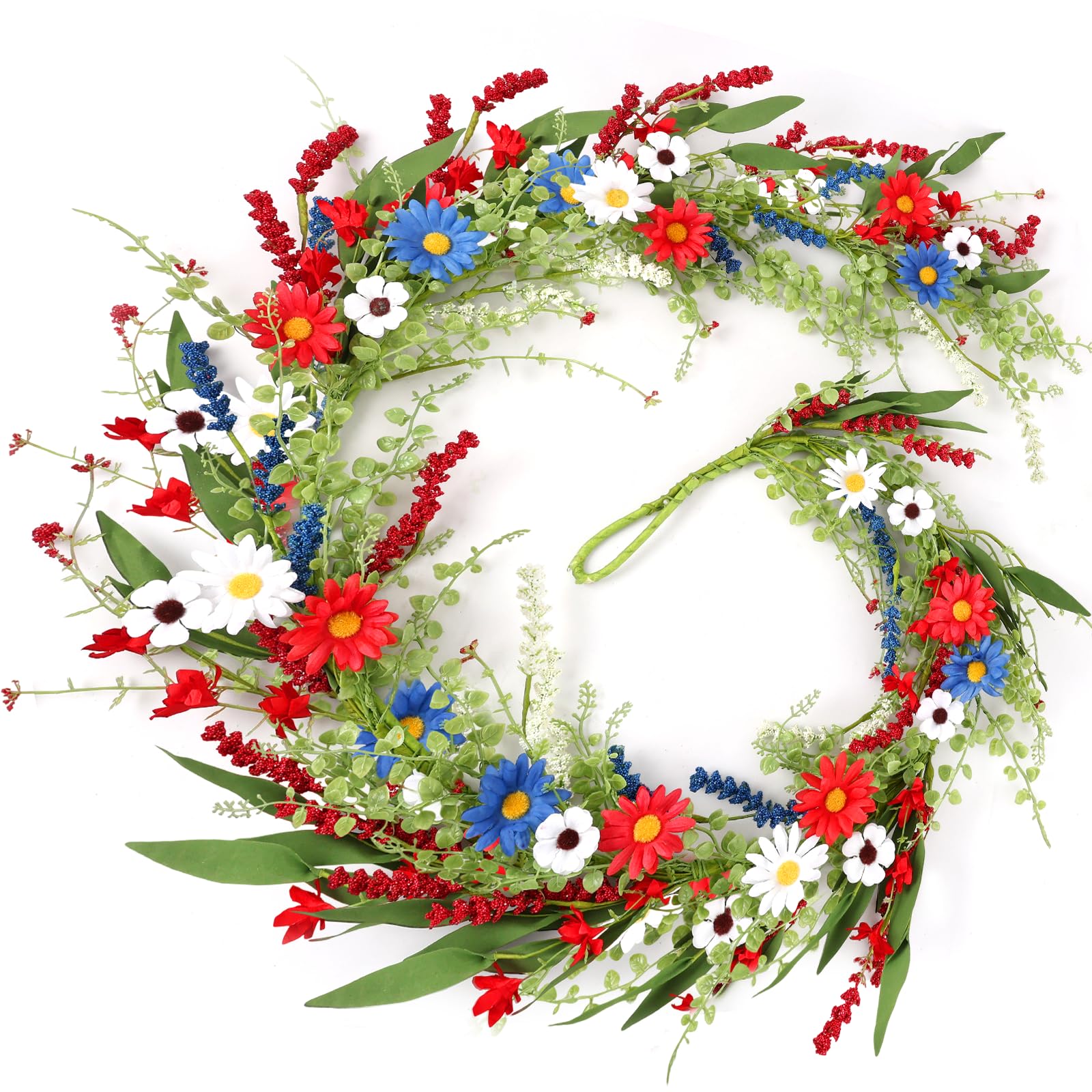 Photo 1 of 6.56 Ft 4th of July Flower Garland Wreath Patriotic Red Blue White Daisy Vine Garland Artificial Wild Floral Garland for Independence Day Arch Porch Stair Table Indoor Door Home All Year