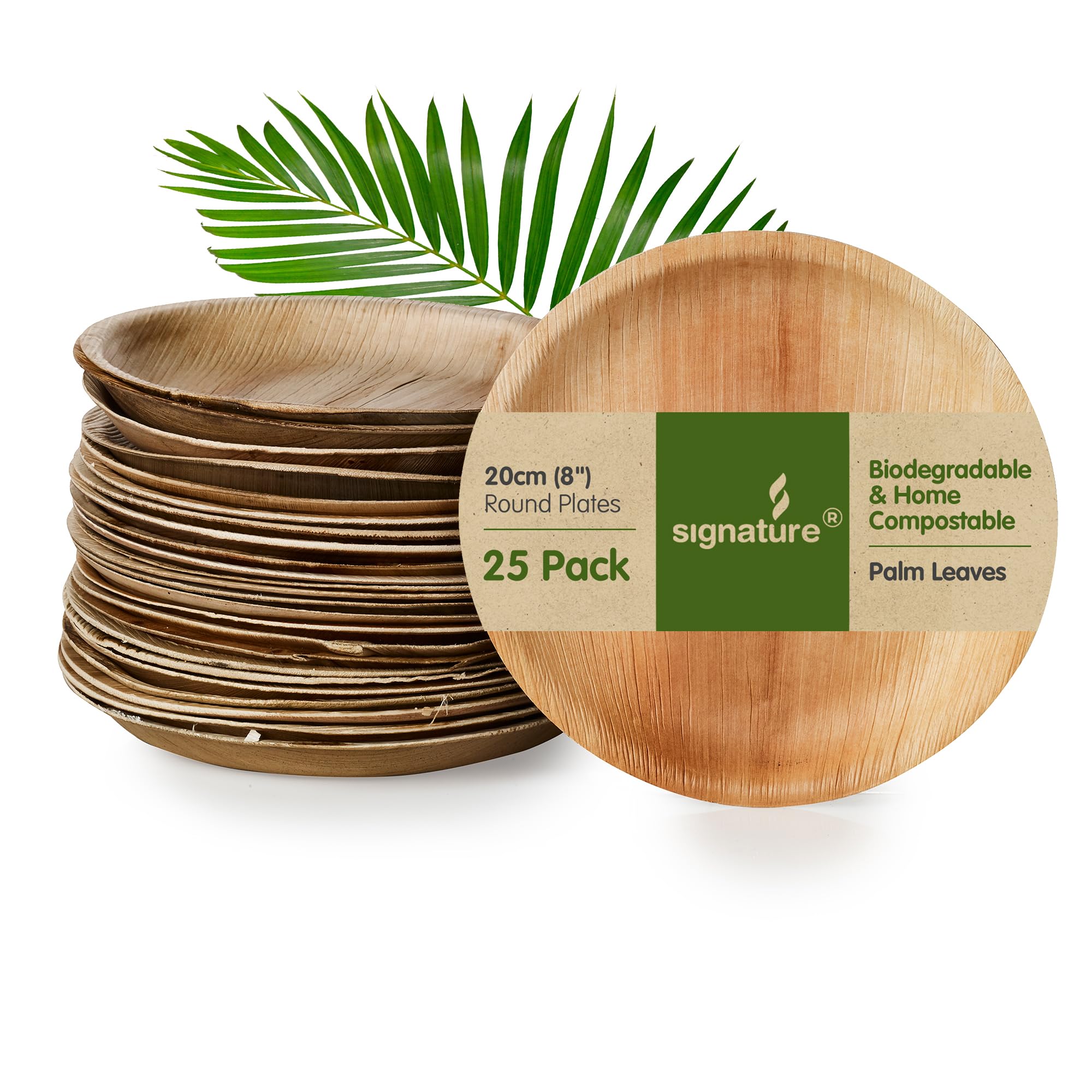 Signature Packaging Disposable Palm Leaf Plates, Sturdy Eco-Friendly Biodegradable Compostable Plates for Hot Food, Weddings, Picnics, Parties and Outdoor Events - 8", (25 Pack) Round