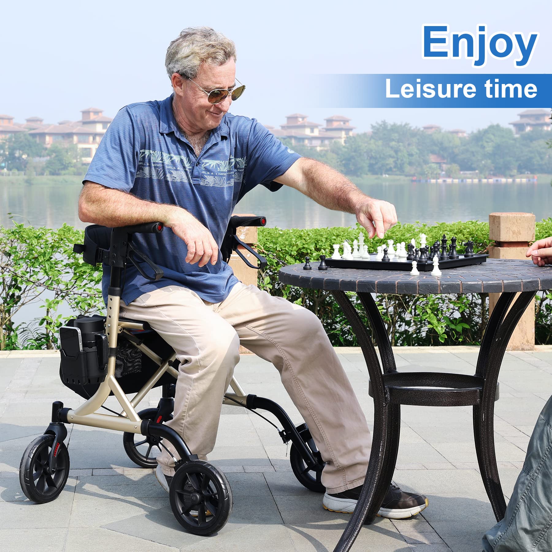 Rollator Walker for Seniors with Cup Holder, Upgraded Thumb Press Button for Height Adjustment, 4 x 8 Wheels Walker with Seat Padded Backrest Folding Lightweight Walking Aid, Gold