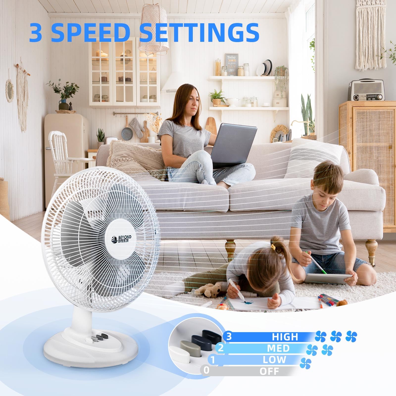 BEYOND BREEZE Oscillating Table Fan Quiet 3-Speed 12-Inch Adjustable Tilt Fan with Safety Grill, Ideal for Home, Office, Dorm