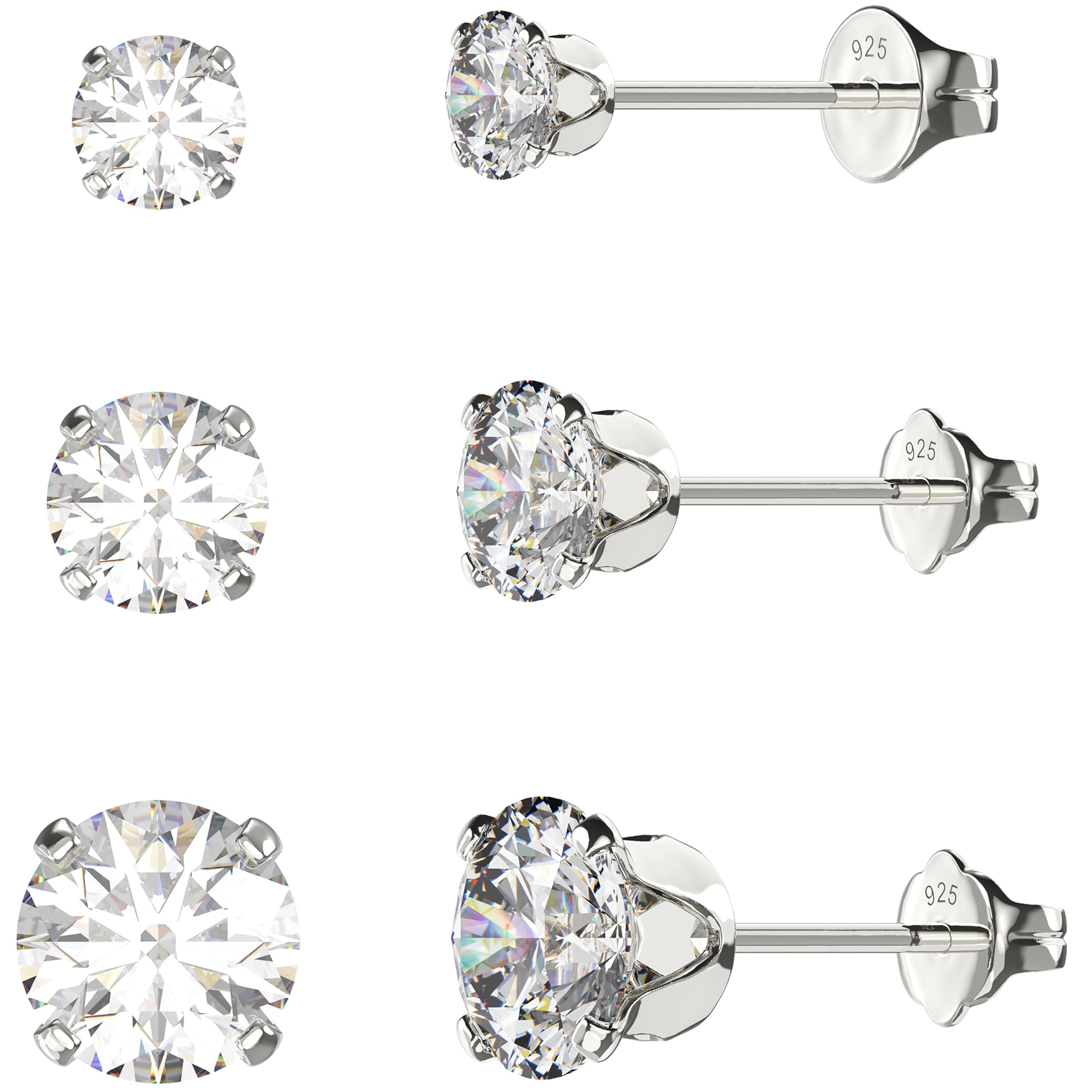 Aeon Silver Stud Earrings - 925 Sterling Silver & Cubic Zirconia Diamond Multipack | Set of 3mm 5mm & 6mm Claw Set Stone | Polishing Cloth
