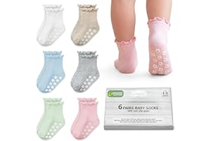 Organic Cotton Ruffle Baby Socks 6 Pairs Non Slip For 6M To 5Y Infants & Toddler Socks Soft Fabric For Baby Girl & Boy Socks
