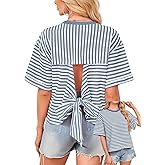 Falechay Womens Summer Tops Loose Fit Crewneck Short Sleeve Casual Striped T Shirts Bowknot Cutout Back Tie Wide Boxy Tee