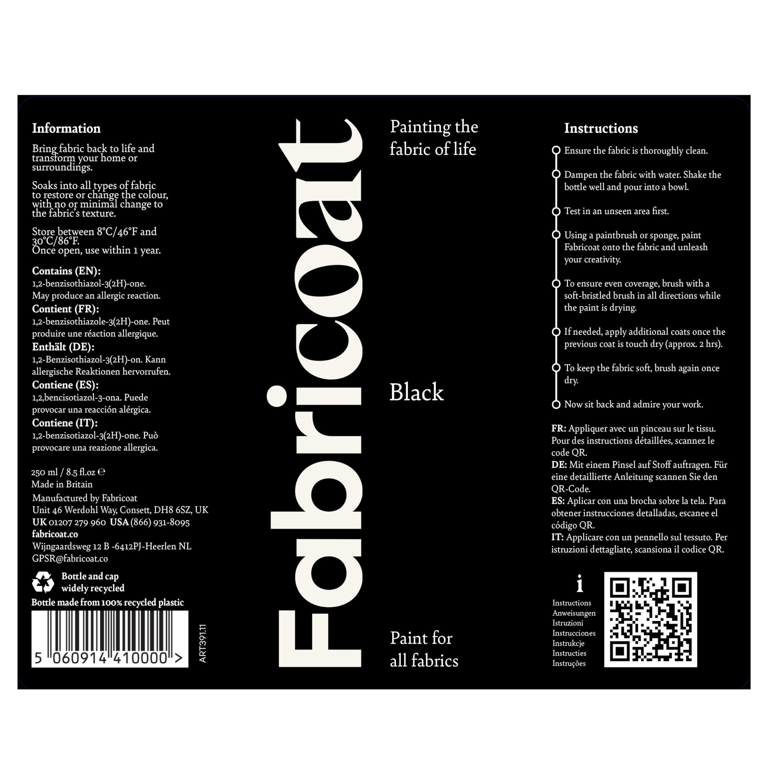 Fabricoat - Fabric Paint for Furniture - 8.5oz / 250ml Black- Restore or Change the Color of Couches, Chairs, Upholstery, Soft Furnishings, Car Interiors, Clothing, & Footwear