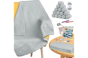 Aeelike Blanket Crochet Kit for Beginners, Easy Crochet Blanket Kit with Soft Chenille Yarns Detailed Instruction Crocheting Accessories Complete Beginners Crocheting Kits, Cyan-Gray