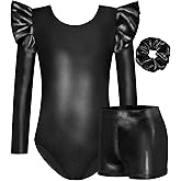 Jinhiteam Gymnastics Leotards for Girls Long Sleeve 3D Ruffle Biketard with Sparkly Shorts Kids Tumbling Outfit 3-12 Y