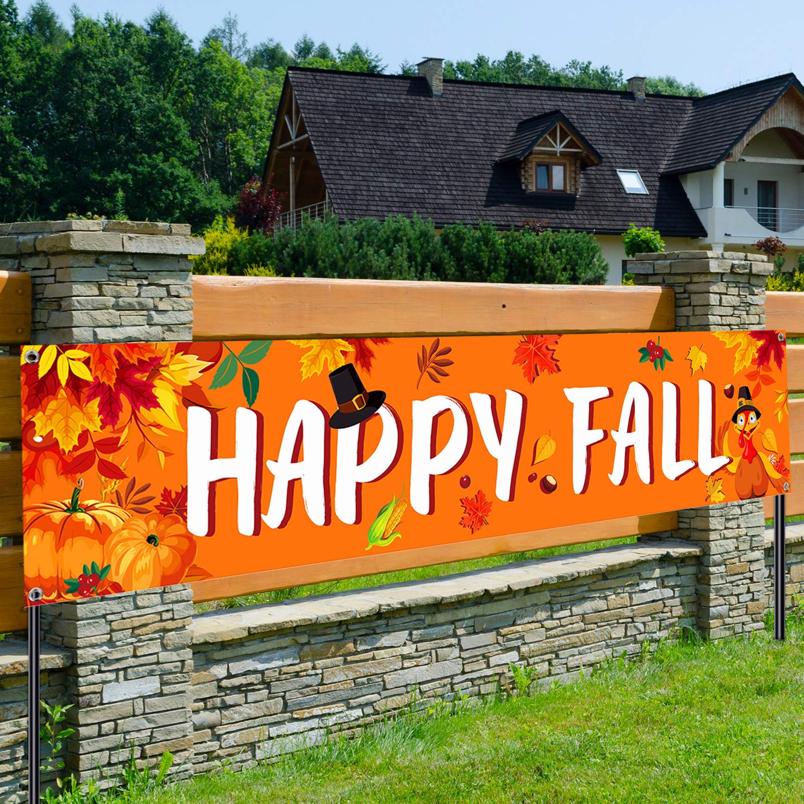 Tatuo Large Happy Fall Banner Thanksgiving Banner Decor Thanksgiving Party Decorations Autumn Maple Leaves Pumpkin Banner Home Outdoor Decoration