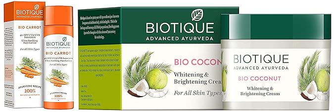 Biotique Bio Carrot Face & Body Sun Lotion Spf 40 Uva/Uvb Sunscreen For All Skin Types In The Sun, 1 and Biotique Bio Coconut Whitening And Brightening Cream, 50g