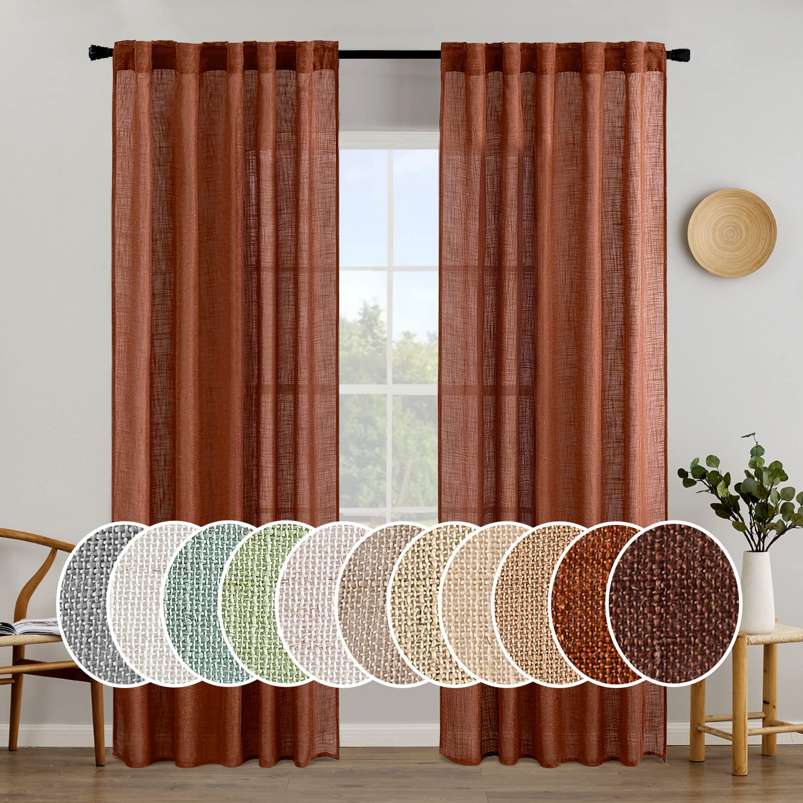 Photo 1 of MIULEE Burnt Orange Linen Curtains 84 Inch Length for Bedroom Living Room, Soft Thick Linen Textured Window Drapes Terracotta Rust Boho Fall Decor Semi Sheer Light Filtering Back Tab 2 Panels