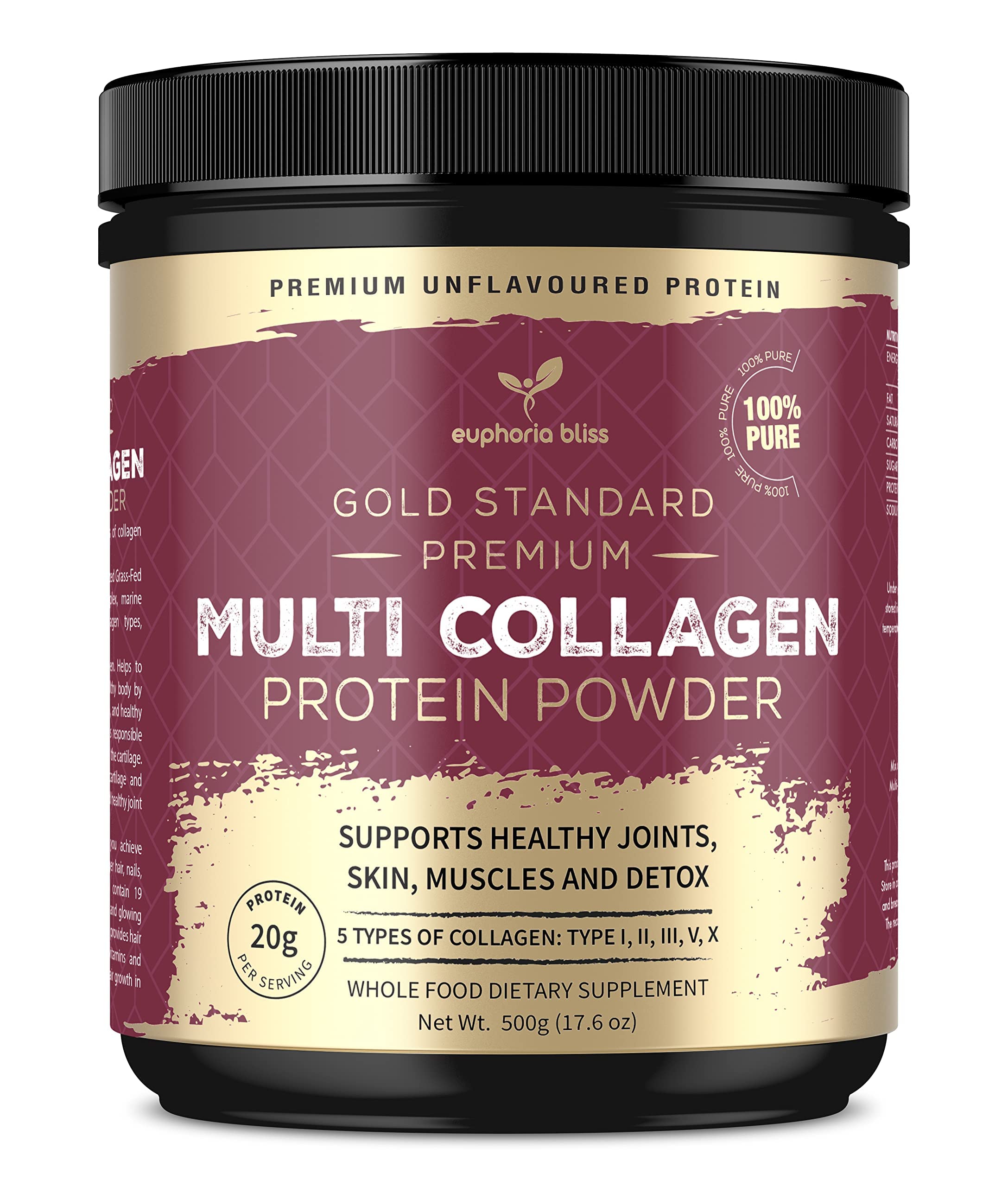 Multi Collagen Protein Powder 500G | Unflavoured | Types I, II, III, V & X, Hydrolyzed Grass Fed Bovine | Wild Caught Fish | Free-Range Chicken & Eggshell Collagen | Halal