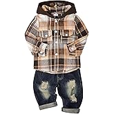ODIMAME Toddler Baby Boy Fall Winter Clothes Long Sleeve Plaid Hooded Sweatshirt Ripped Holes Jeans Set 1-5 Years Old