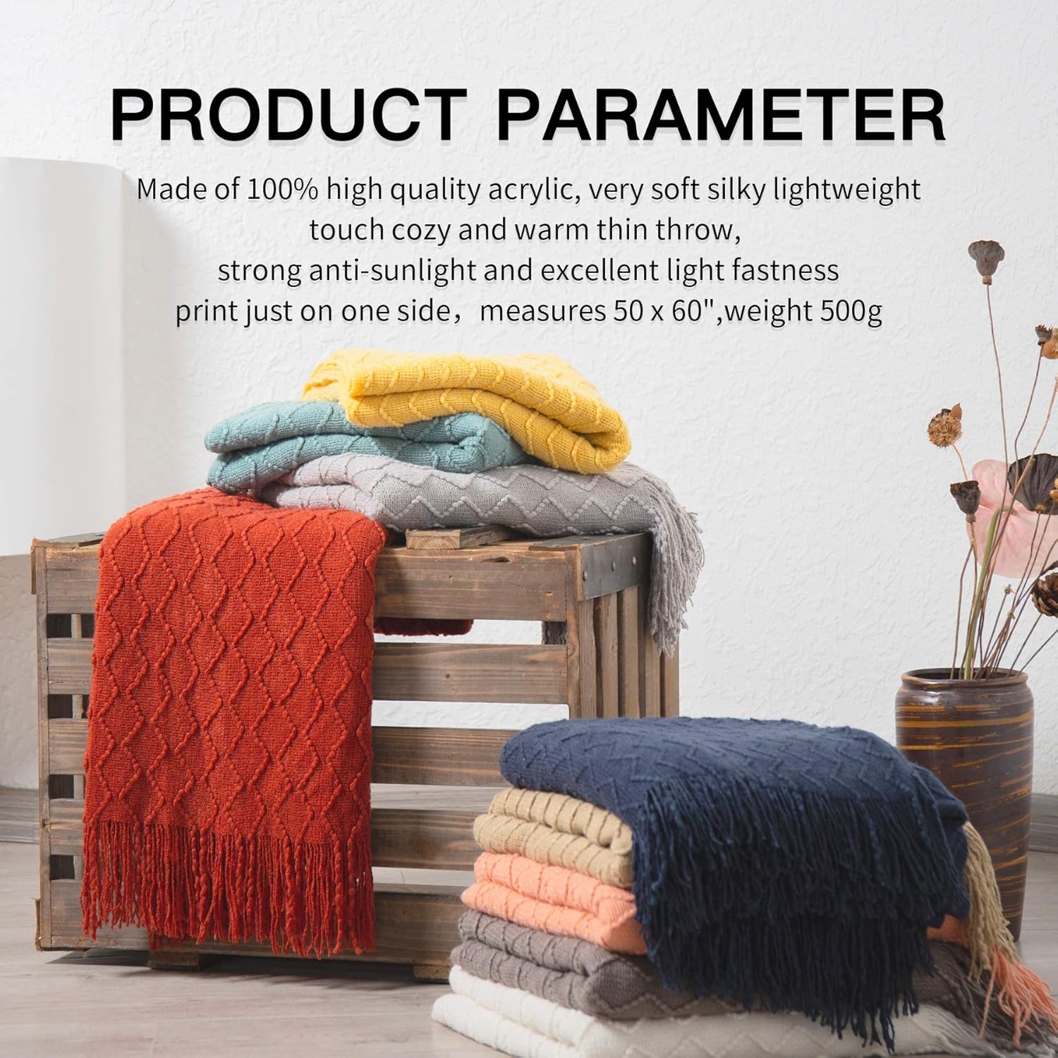 SPAOMY Throw Blanket, Knit Blanket with Tassels, Textured Cozy Lightweight Decorative Throw Blanket for Couch, Bed, Sofa, Travel- All Seasons (50x60 Inch, Rust): Kitchen & Dining