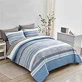KAKIJUMN 5 Piece Bed in a Bag Stripe Comforter Set Twin Size, White Grey Blue Striped Comforter and Sheet Set, All Season Soft Microfiber Complete Bedding Set(Light Blue,Twin)