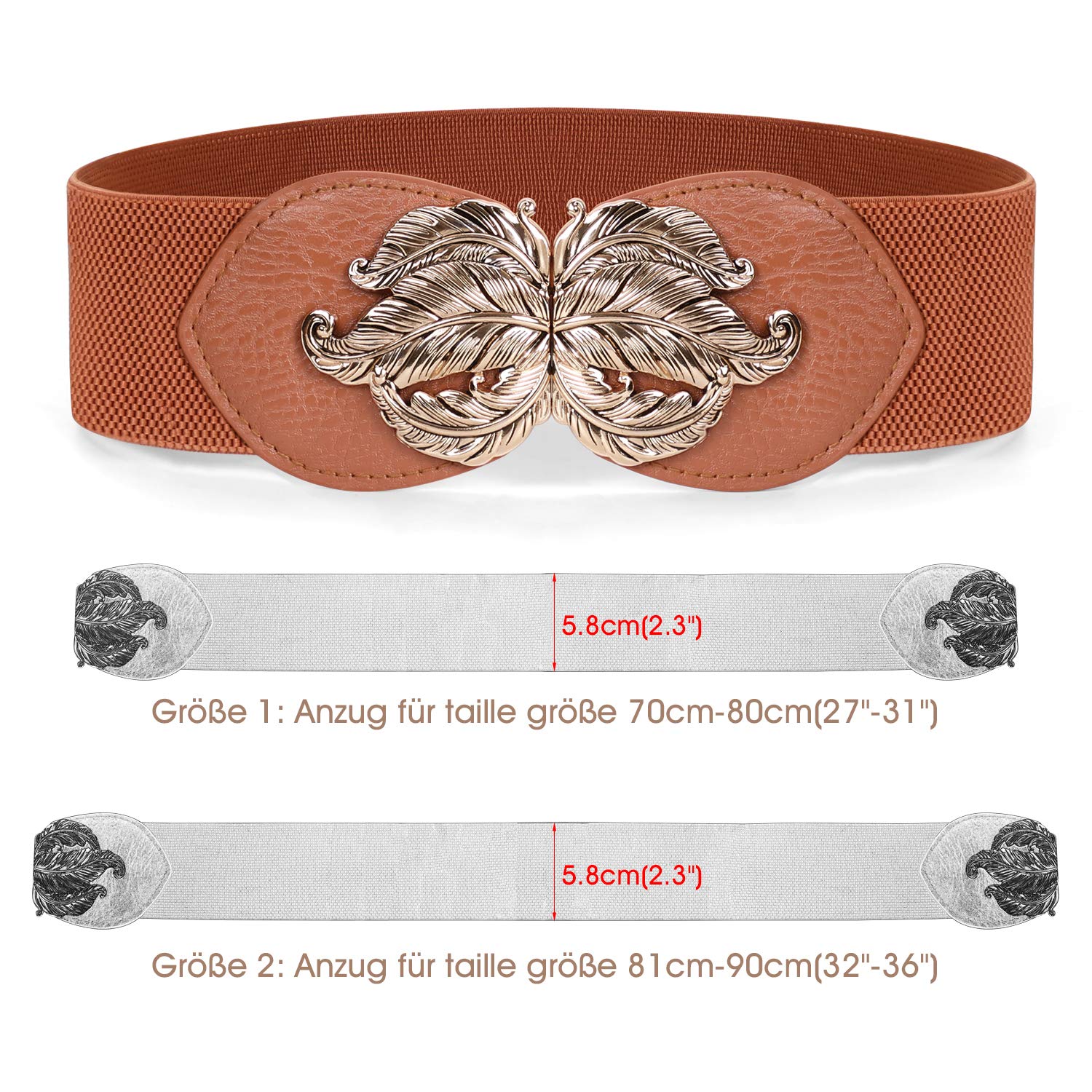 JasGood Damen Mode Breit Elastische Gürtel - Vintage Taillengürtel mit Gold Blatt Schnalle, Braun, Taille Größe 70cm-80cm