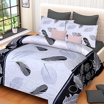 Choco Creation Polycotton 3D Printed White Patti Double Bedsheet with 2 Pillow Cover, Multicolour