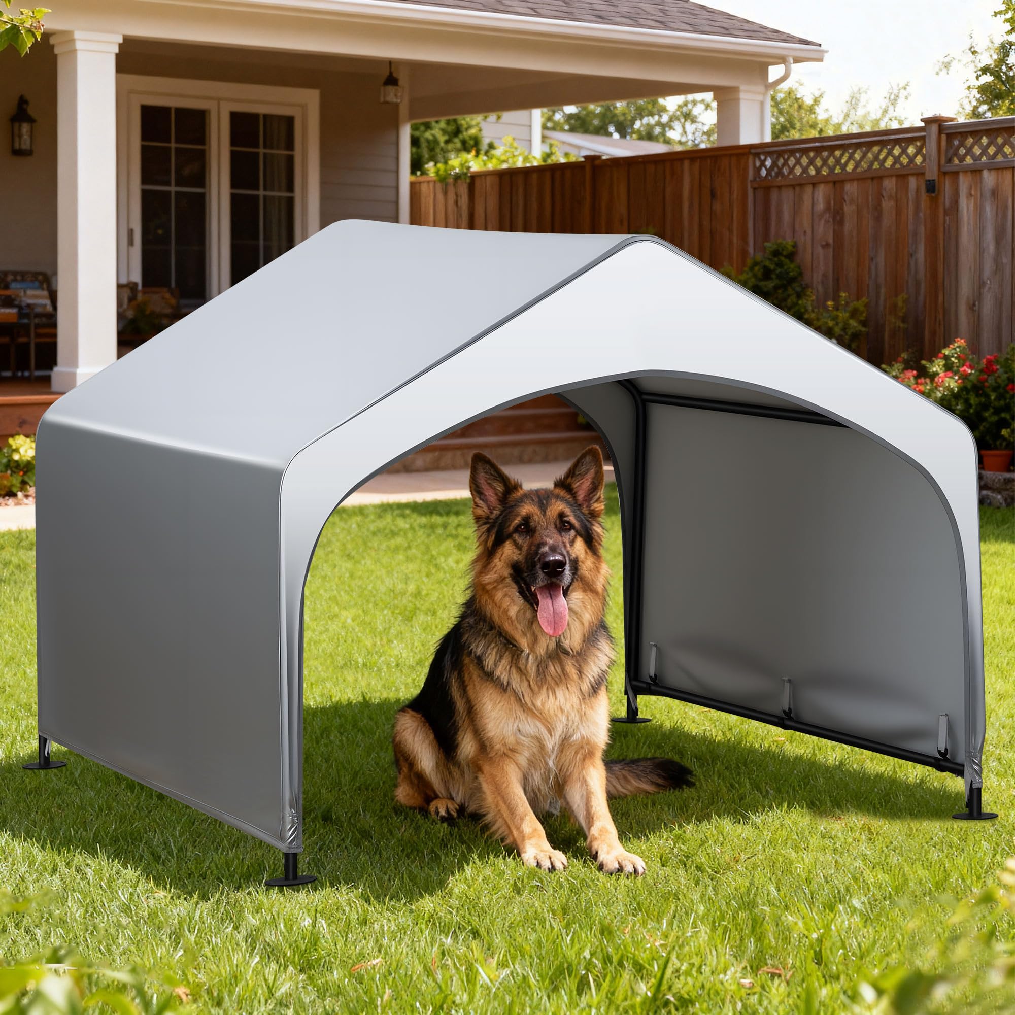 Photo 1 of 4'x 4'x 3.3' Dog Shade Shelter, Outdoor Dog Tent Dog House Canopy with Rain Curtain Waterproof, Sun Protection with Ground Stakes for Pet Medium Large Dogs, Cats, Pigs, Chicken, Goose